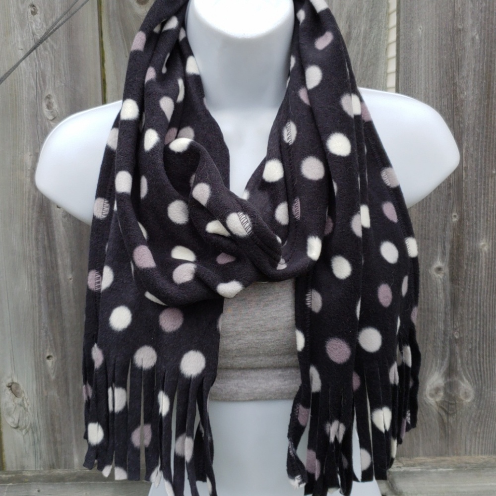 Cozy Fleece Scarf with Polka Dots in Black & White with Fringe